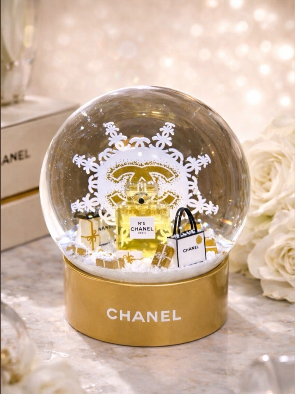 Chanel 2024 White & Gold CC Snow Globe Limited Boutique Collectible Display NIB